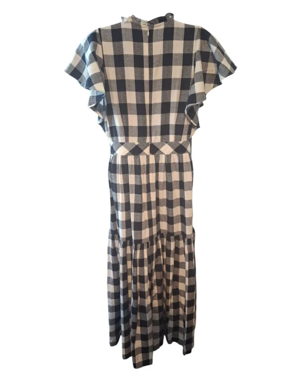 Express x LadyGang Gingham Maxi Dress 6 Navy White Cottagecore Flutter Sleeve